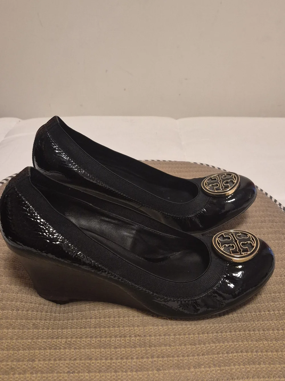 Tory Burch Black Patent Wedge Ballet Flats with Gold Logo